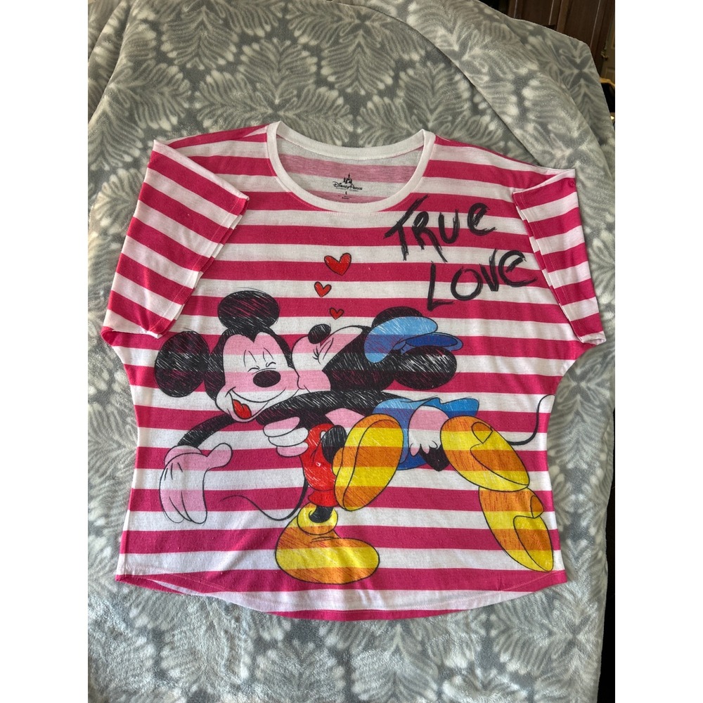 Disney Parks Mickey Minnie Mouse True Love Pink Striped Graphic T-Shirt Womens L
